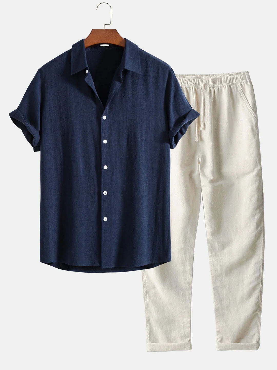 Lightweight Linen Set with Short Sleeve Shirt and Tailored Pants for Summer