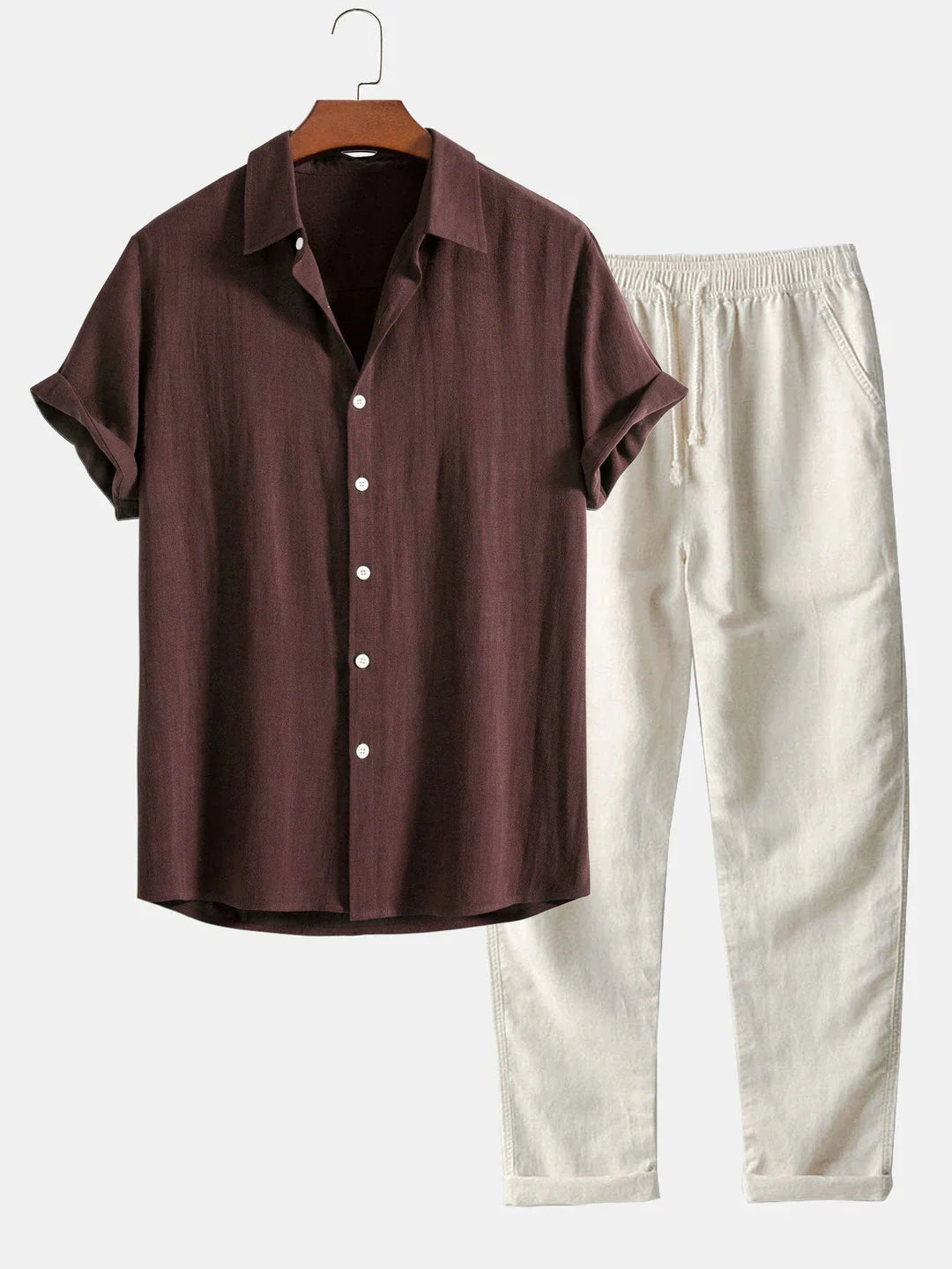 Lightweight Linen Set with Short Sleeve Shirt and Tailored Pants for Summer