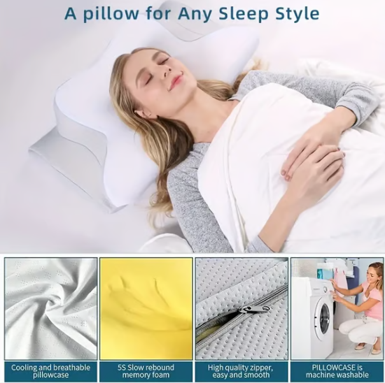 Memory Foam Cervical Pillow with Contoured Support and Breathable Cover, Multi-Position Design