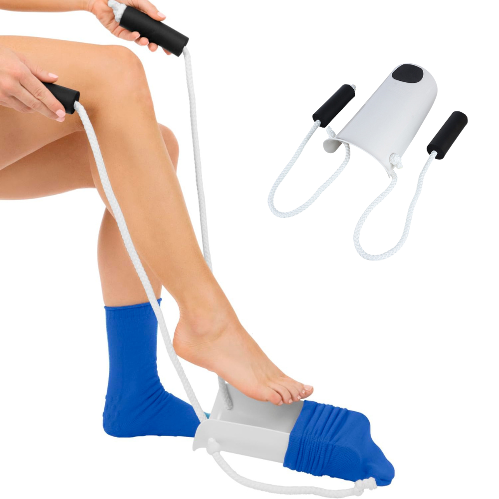 Sock Aid Tool with Extended Handles and Cushioned Frame for Seated Application