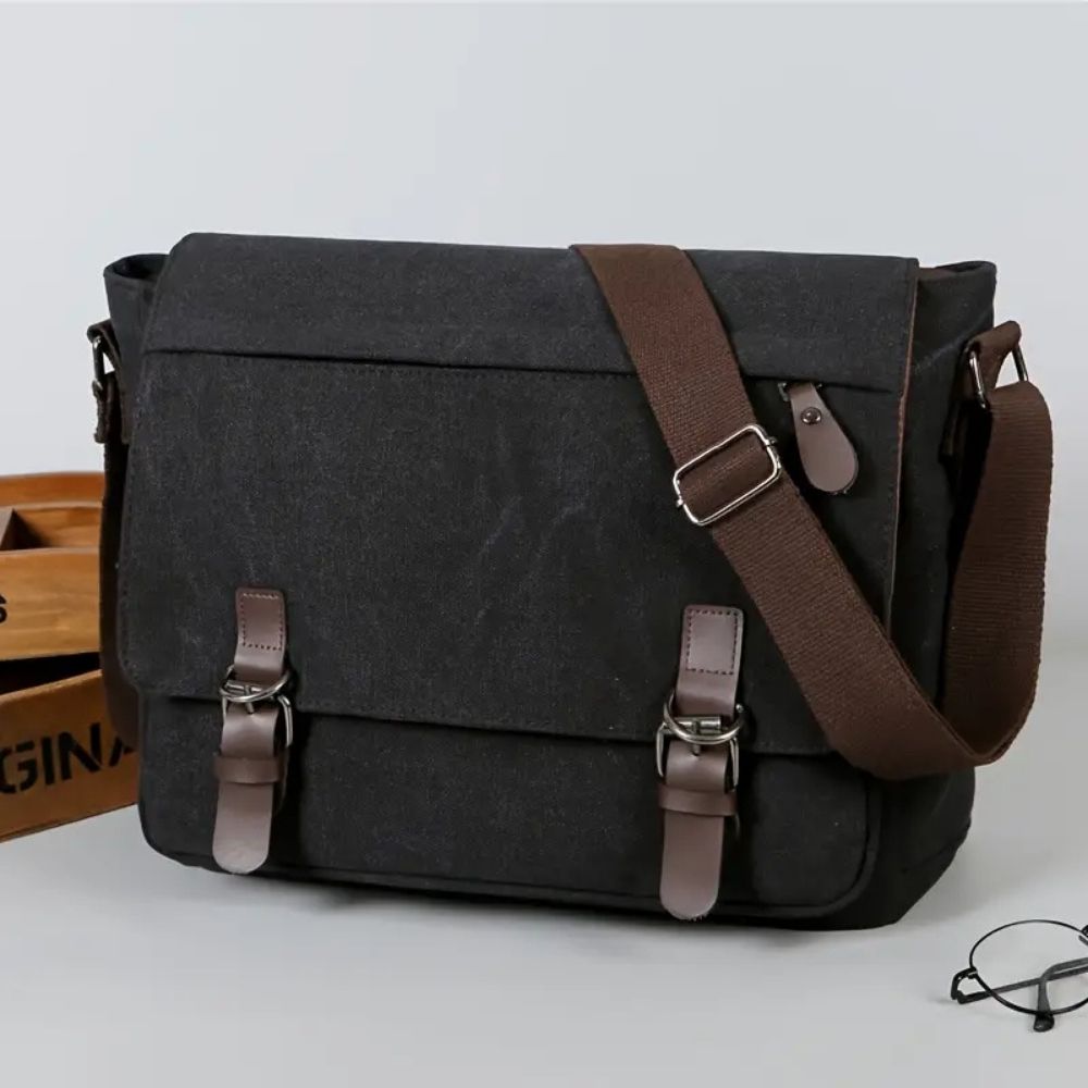 Canvas Messenger Bag with Organized Interior Pockets and Water Resistant Coating