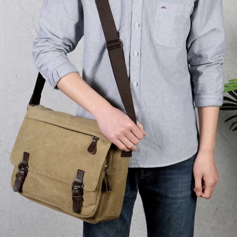 Canvas Messenger Bag with Organized Interior Pockets and Water Resistant Coating