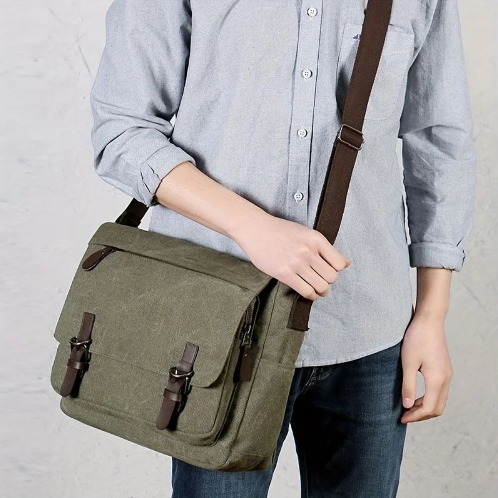 Canvas Messenger Bag with Organized Interior Pockets and Water Resistant Coating