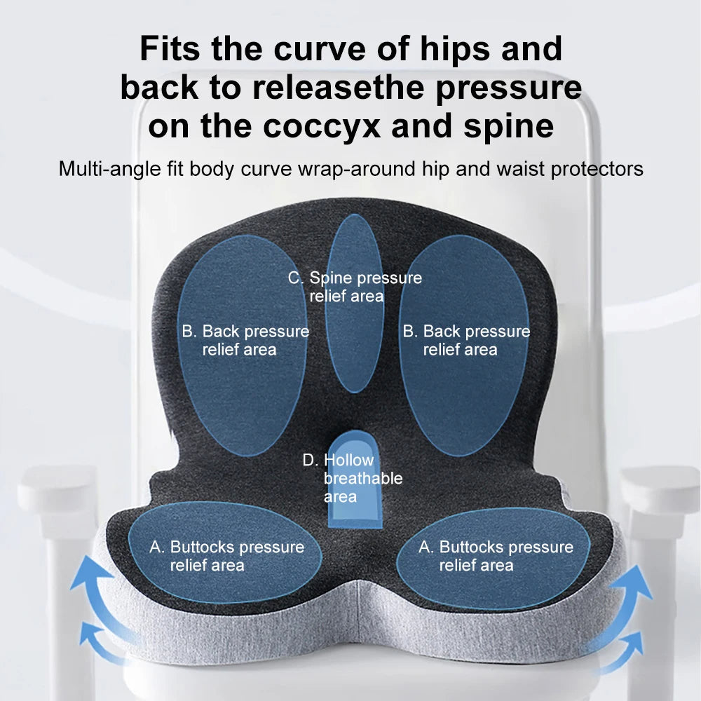 Memory Foam Seat Cushion with Curved Backrest and Ventilated Core, Anti-Slip Base