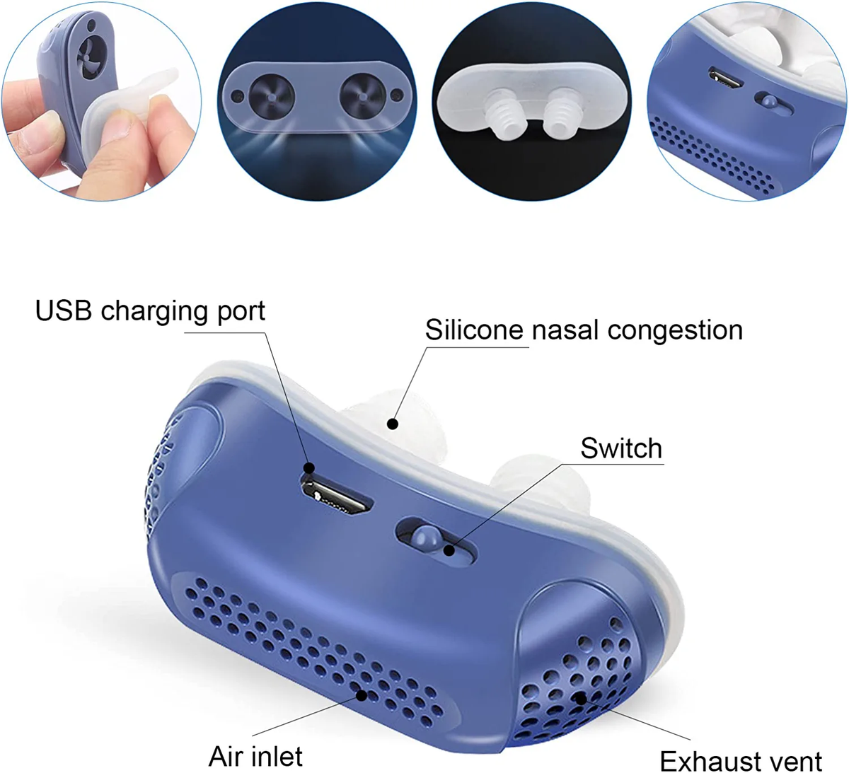 Nasal Sleep Device with Soft Silicone Buds and Rechargeable Power, Portable Travel Size