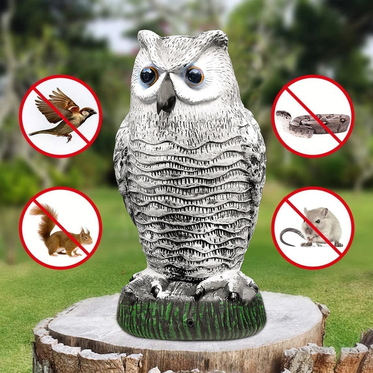 Rotating Owl Decoy with Flashing Eyes and Sound Effects for Bird Control