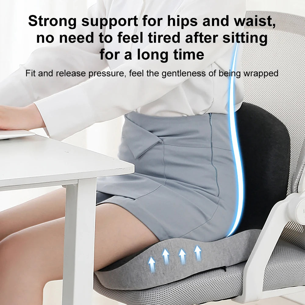 Memory Foam Seat Cushion with Curved Backrest and Ventilated Core, Anti-Slip Base