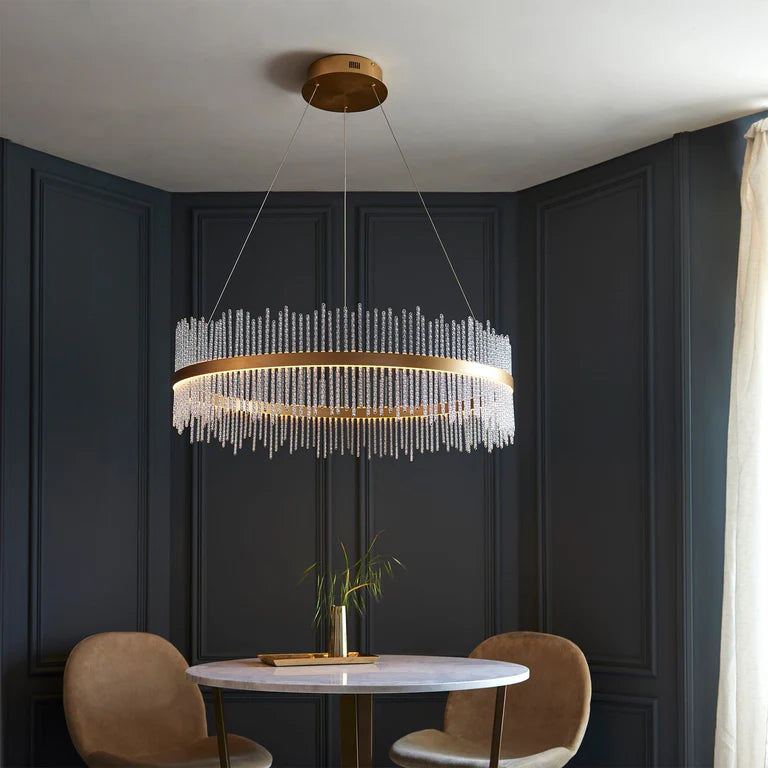 Aurora Luxe Crystal Ring LED Chandelier 35" Gold Finish, Modern Dimmable Pendant Light