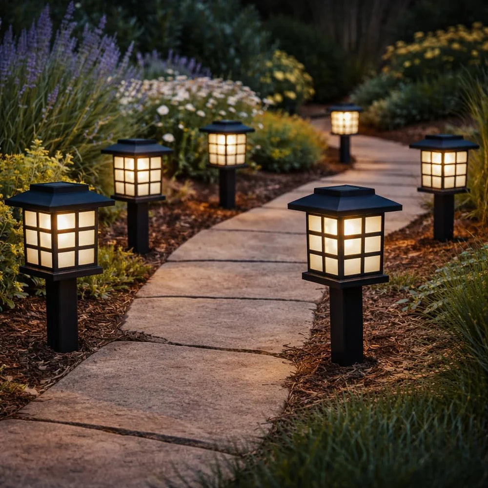 ZenGlow Solar Lantern Path Lights 11" Black Grid Design 6-Pack, Outdoor Garden Lighting