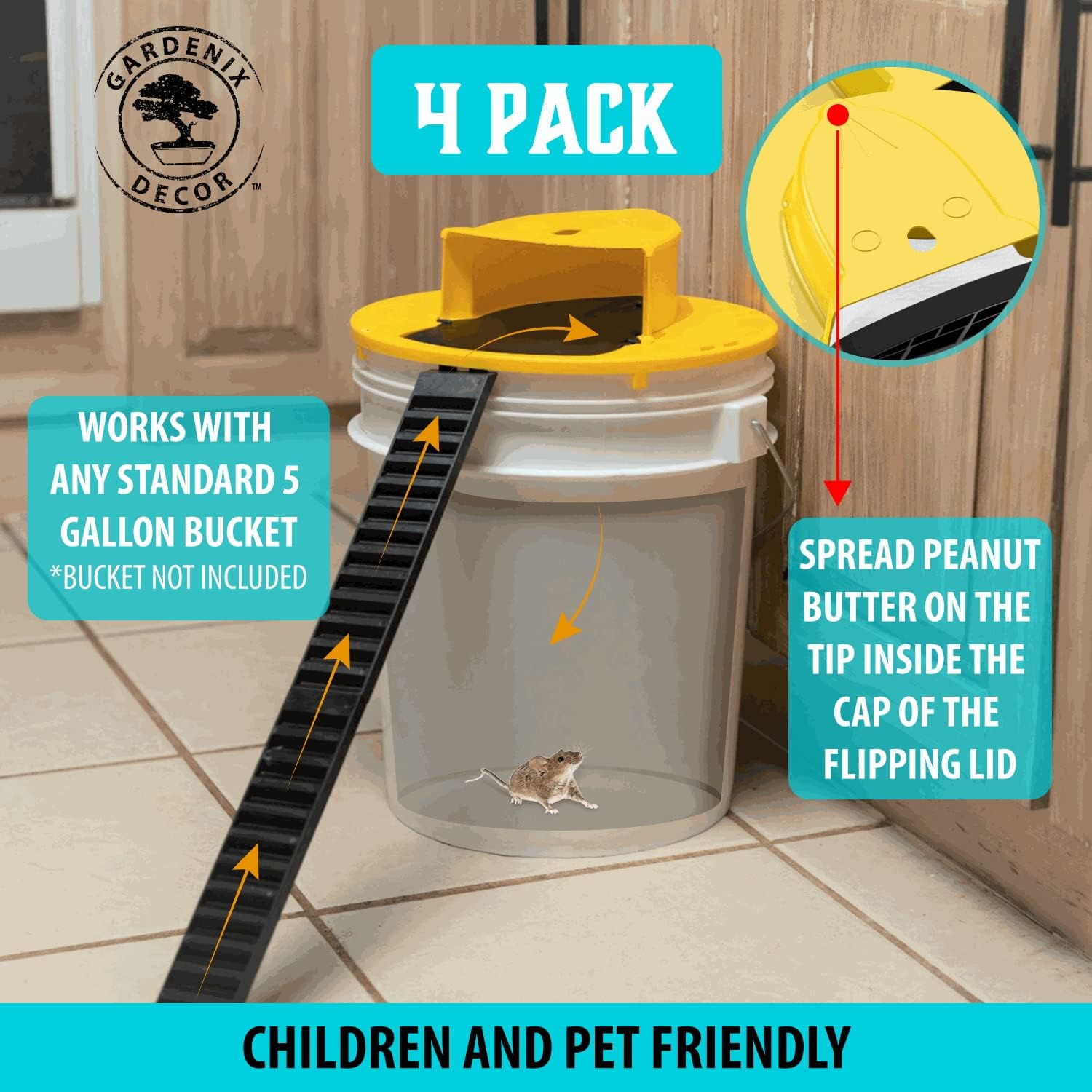 Auto-Reset Bucket Lid Mouse Trap with 10-Mouse Capacity and Ladder System