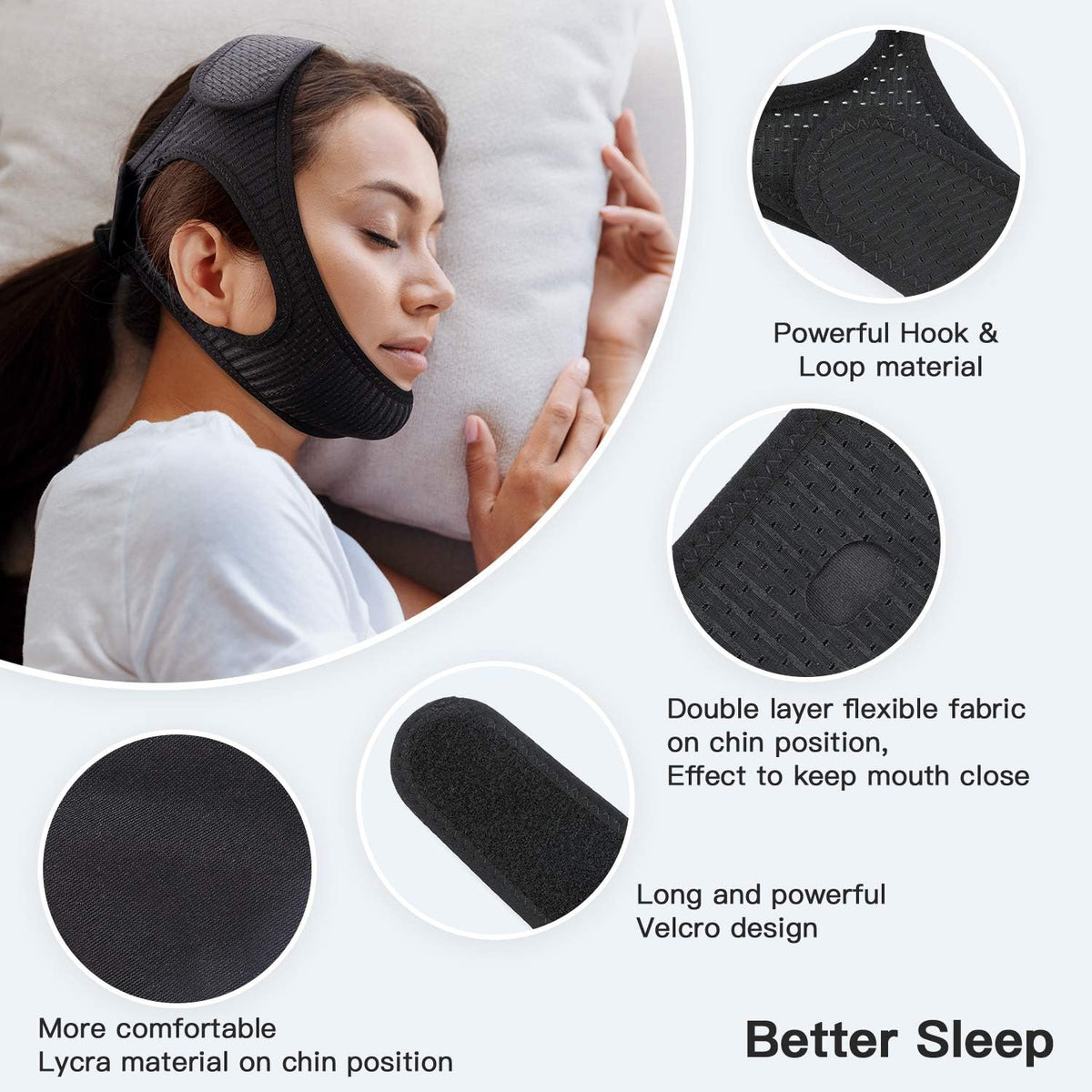 Chin Strap with Double Layer Elastic Fabric and Adjustable Fastener for Snoring