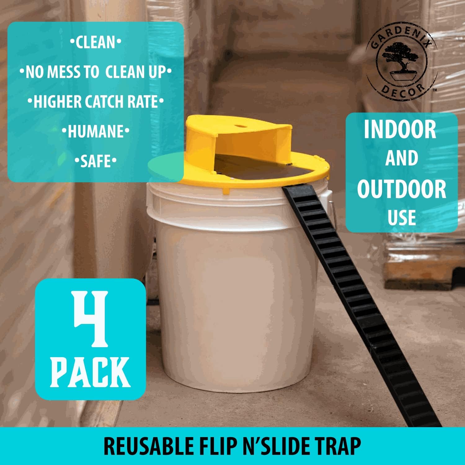 Auto-Reset Bucket Lid Mouse Trap with 10-Mouse Capacity and Ladder System