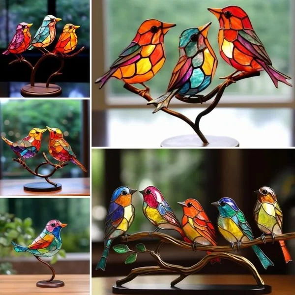 Rainbow Acrylic Bird Ornament with Branch Base for Desktop Display
