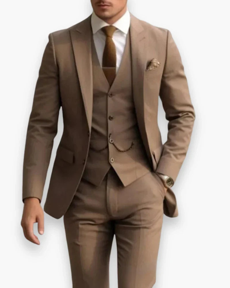 Men's Slim Fit Three Piece Suit with Woven Blend Fabric and Structured Shoulders