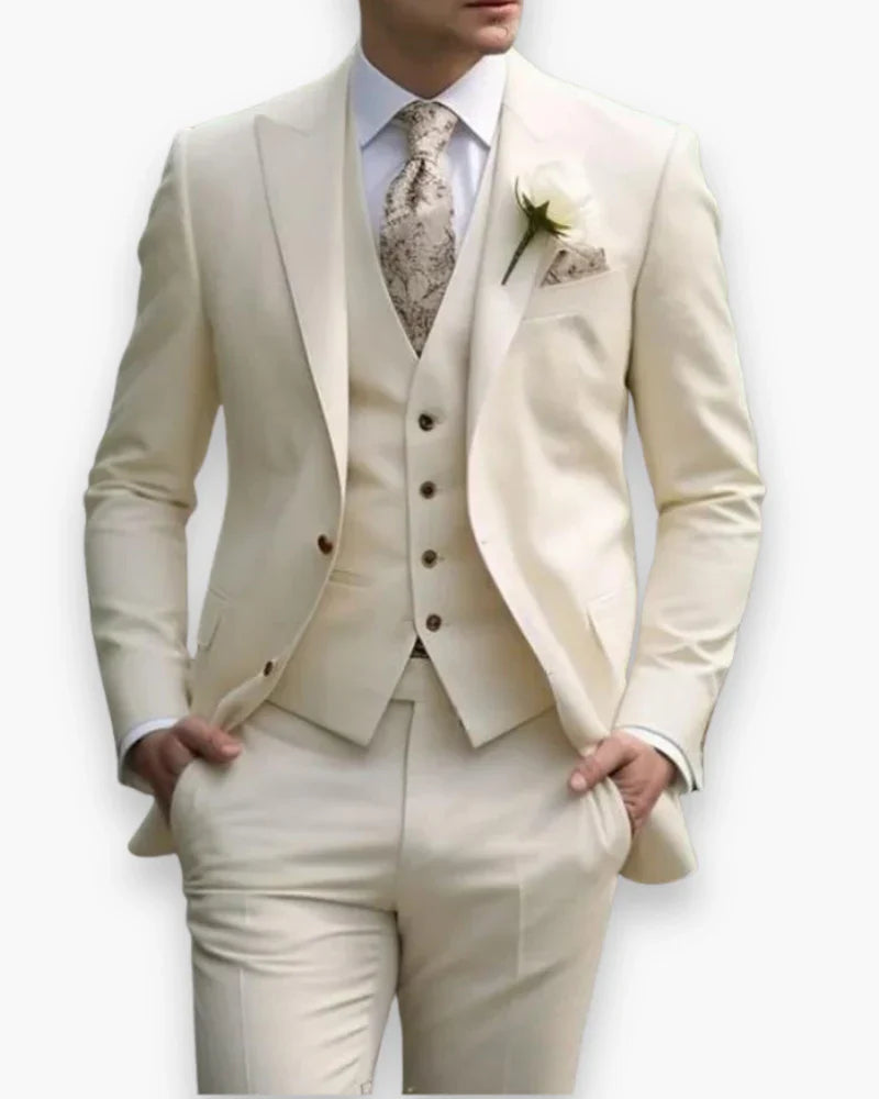 Men's Slim Fit Three Piece Suit with Woven Blend Fabric and Structured Shoulders
