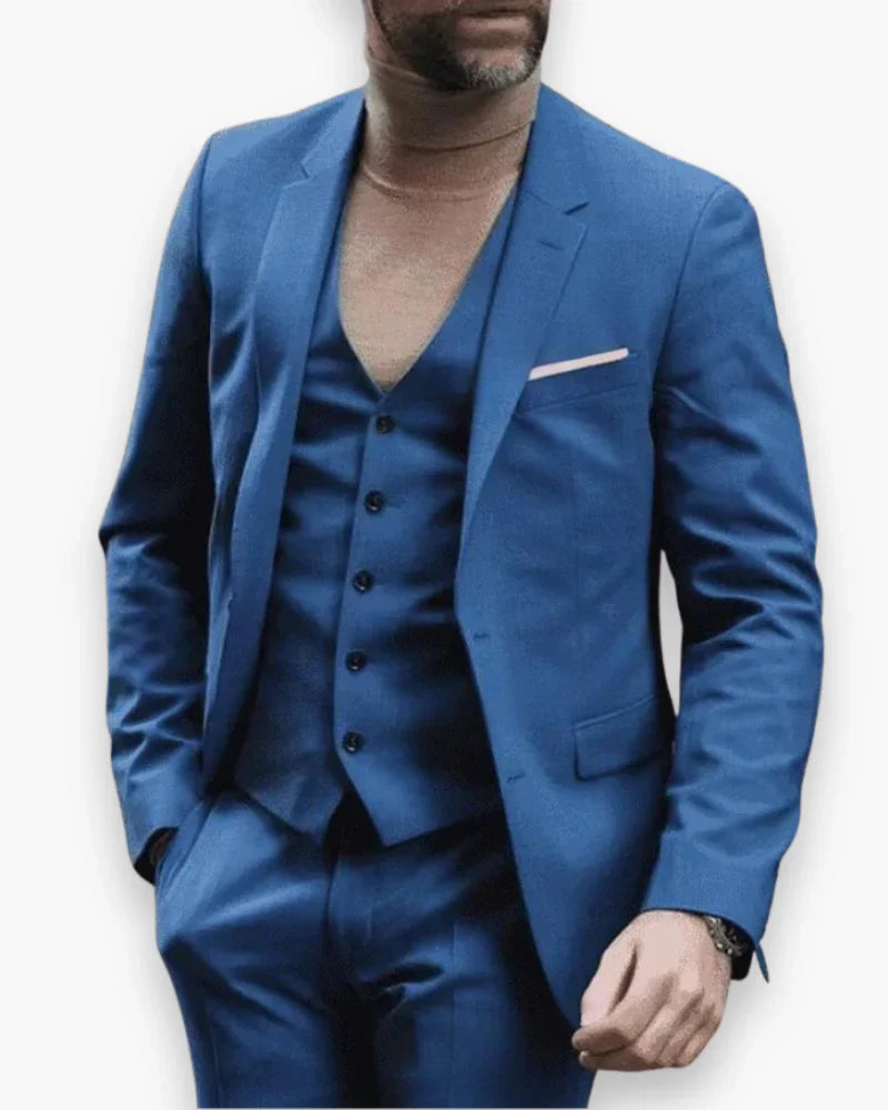 Men's Slim Fit Three Piece Suit with Woven Blend Fabric and Structured Shoulders
