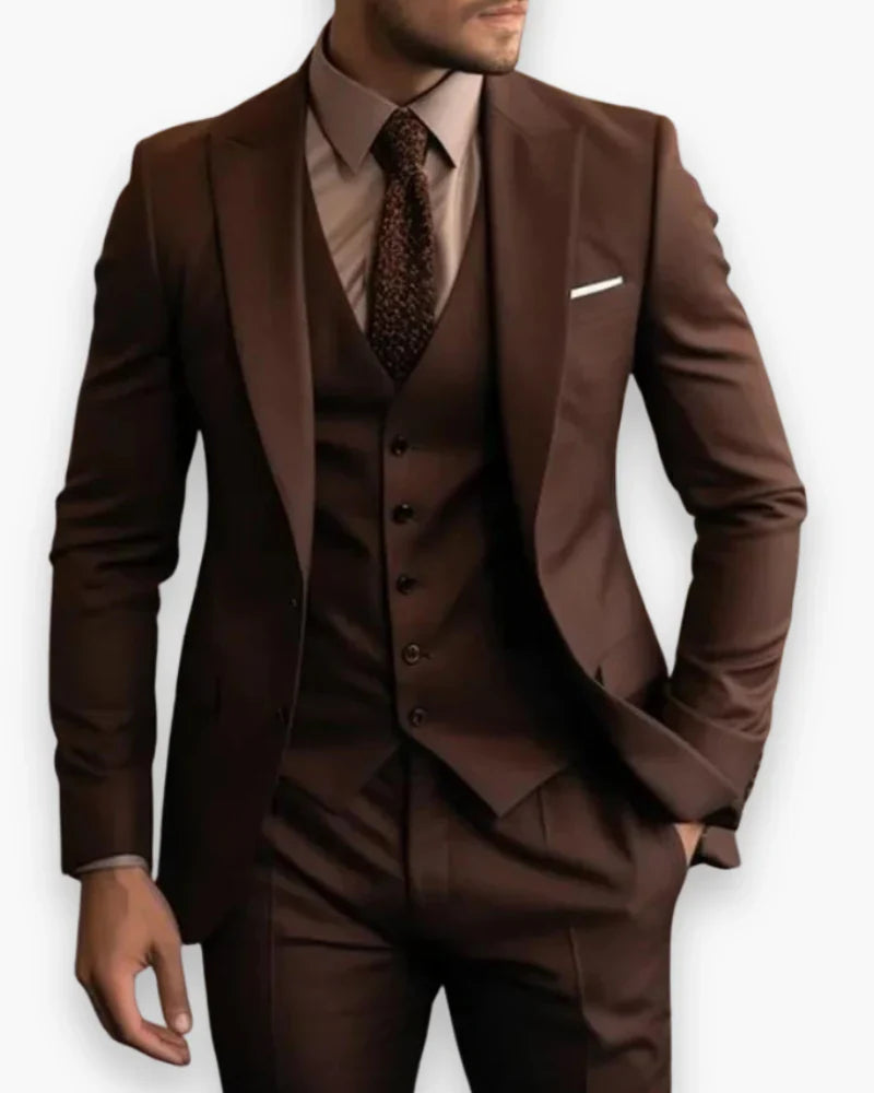 Men's Slim Fit Three Piece Suit with Woven Blend Fabric and Structured Shoulders