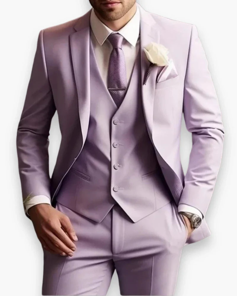 Men's Slim Fit Three Piece Suit with Woven Blend Fabric and Structured Shoulders