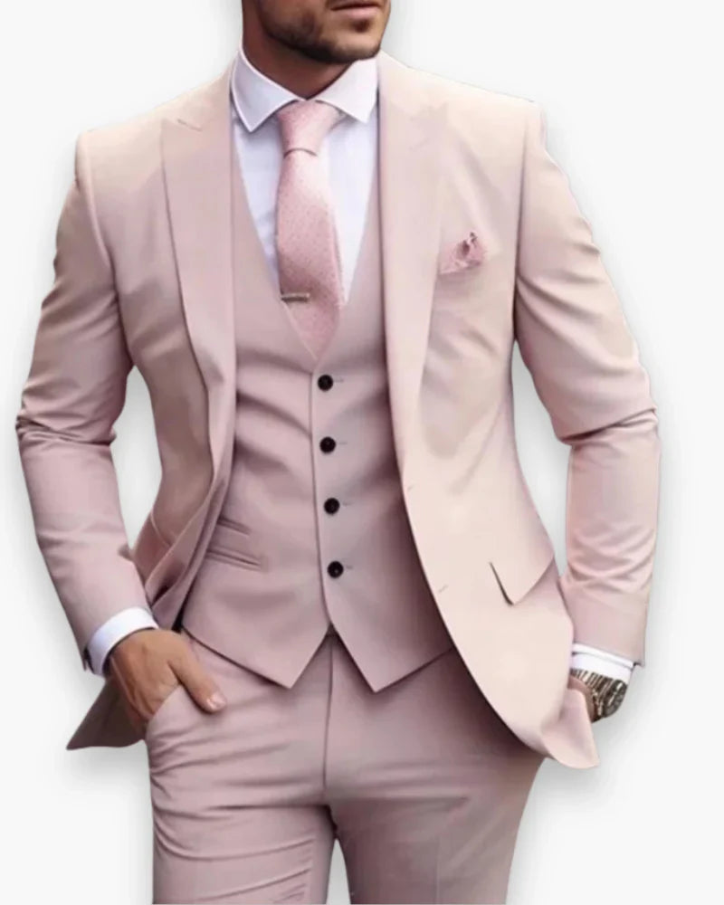 Men's Slim Fit Three Piece Suit with Woven Blend Fabric and Structured Shoulders