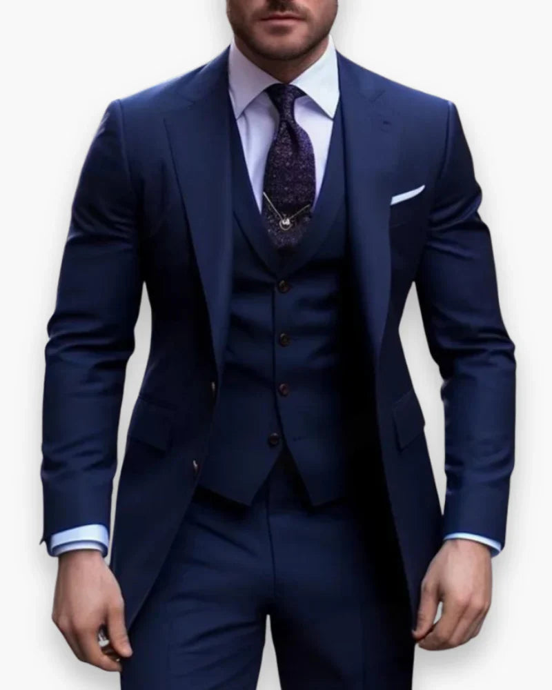 Men's Slim Fit Three Piece Suit with Woven Blend Fabric and Structured Shoulders