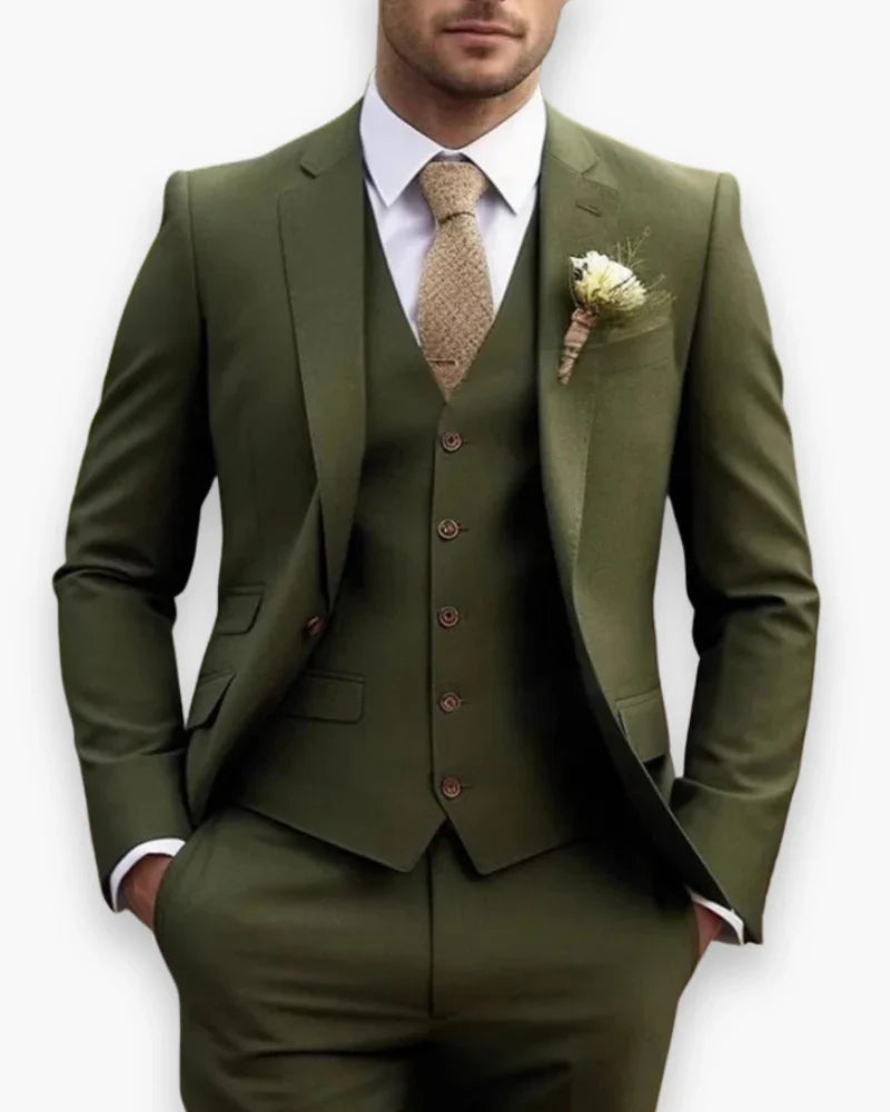 Men's Slim Fit Three Piece Suit with Woven Blend Fabric and Structured Shoulders