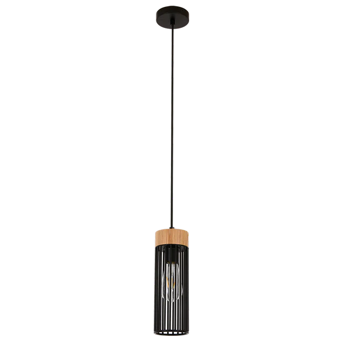 Nordica Archer Black & Wood Cylinder Pendant Light 1-Light E26 Adjustable, Kitchen Lights