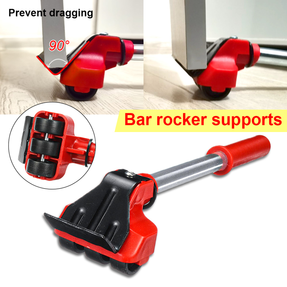 Furniture Moving Rollers with Lifting Bar and 360-Degree Wheels, 4-Pad Set
