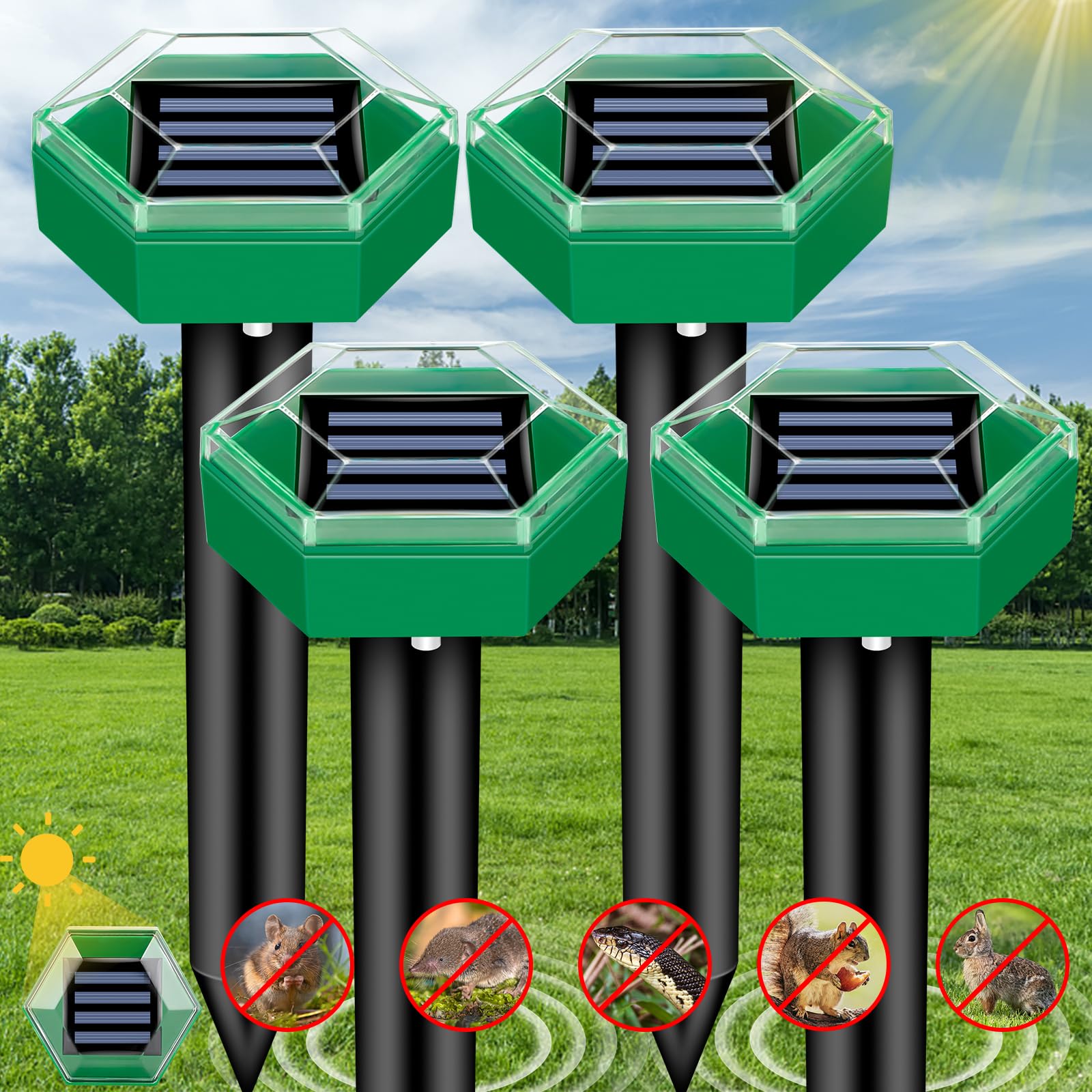 Solar Mole Repeller with Pulsing Vibration and Waterproof Housing, 4-Pack