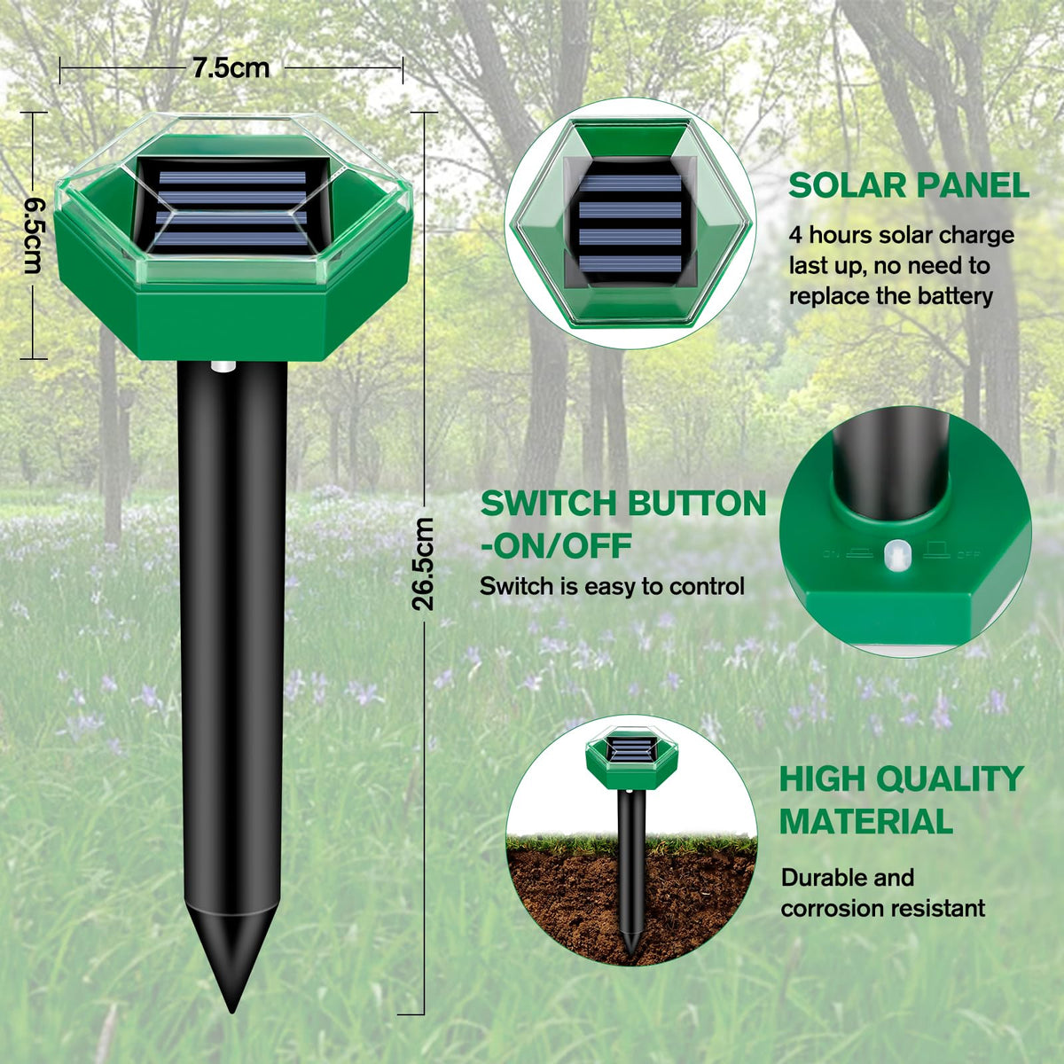 Solar Mole Repeller with Pulsing Vibration and Waterproof Housing, 4-Pack