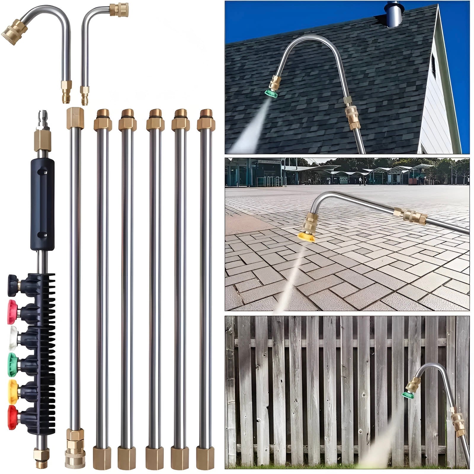 Telescoping Pressure Washer Wand with 6 Nozzles and Curved Attachment for Gutters, Roofs, Walls