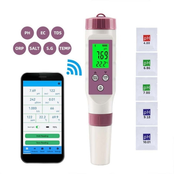 Digital Water Quality Tester with Seven Parameter Probe and Mobile App Alerts