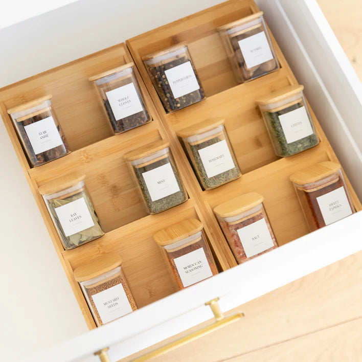 Expandable Bamboo Spice Drawer Organizer 3-Tier Natural Wood Rack, Kitchen Accessories