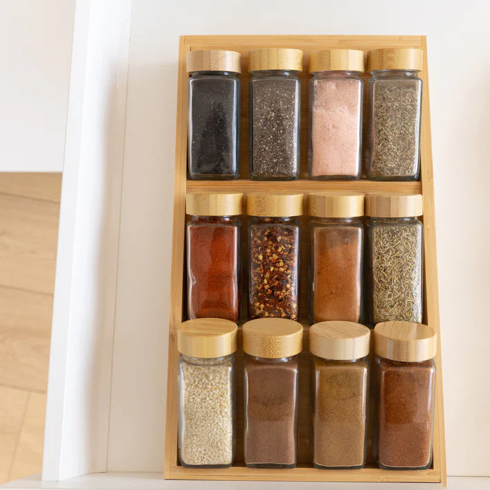 Expandable Bamboo Spice Drawer Organizer 3-Tier Natural Wood Rack, Kitchen Accessories