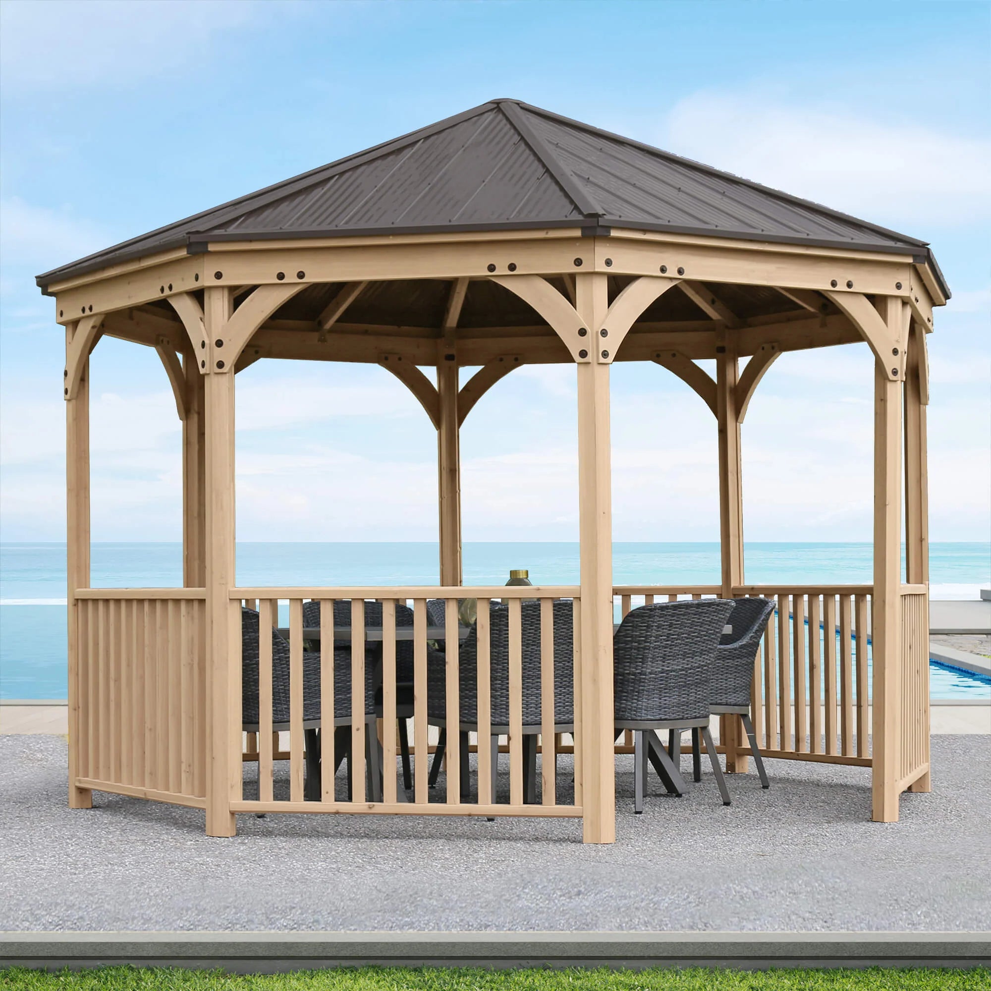 Classic Retreat 12 ft Cedar Octagon Gazebo with Aluminum Roof Natural Wood Finish, Outdoor Pavilion