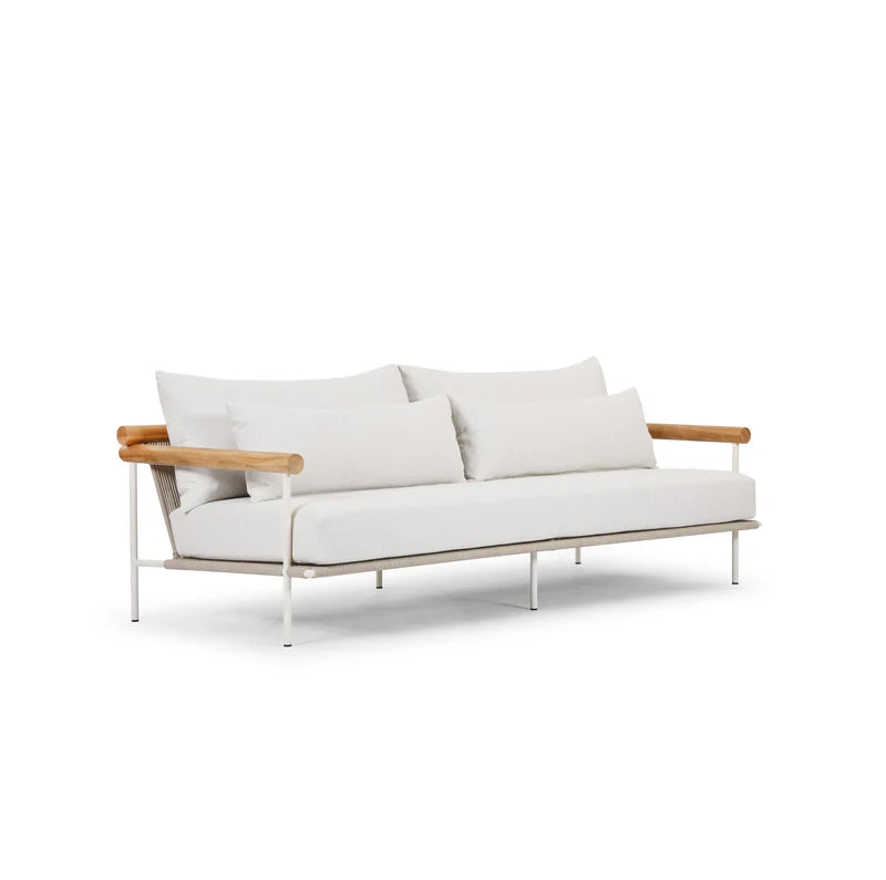 Coastal Modern Aluminum Teak Outdoor Sofa 83" White Frame & Cream Cushions, Patio Seating
