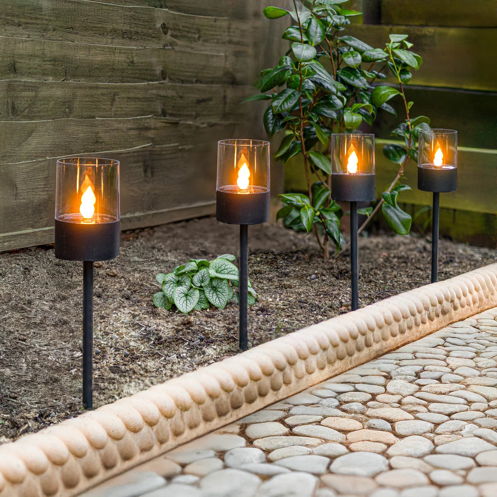 GlowPath Solar LED Stake Lights 16" Black Lantern Style 4-Pack, Outdoor Pathway Lighting