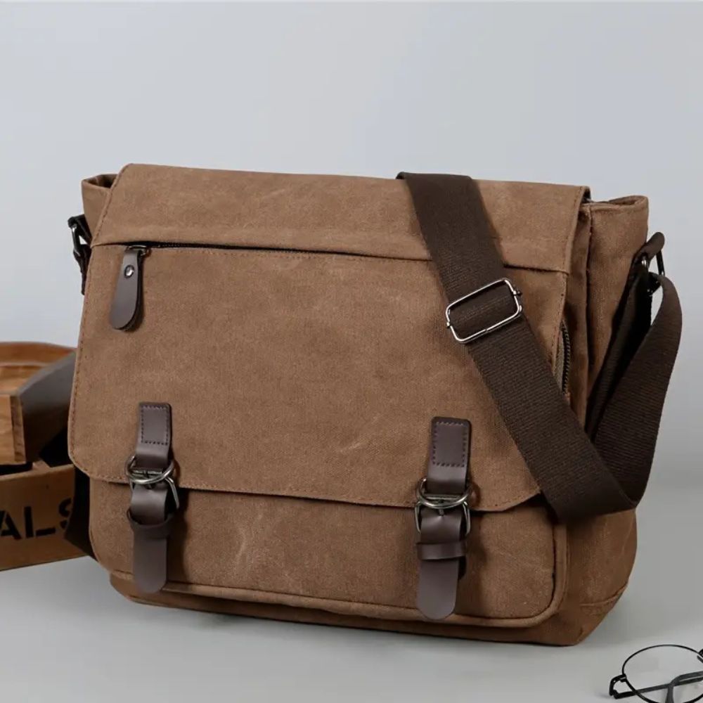 Canvas Messenger Bag with Organized Interior Pockets and Water Resistant Coating
