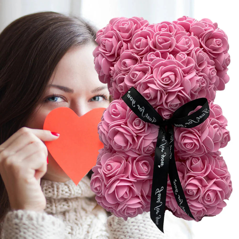 Foam Rose Teddy Bear with Ribbon Neck Accent and Lasting Color, 9.8 Inches