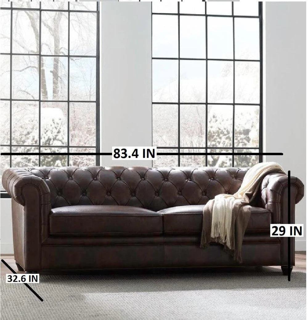 HeritageCraft Leather Sofa with Rolled Arms & Tufted Back, 3-Seater Living Room Sofas