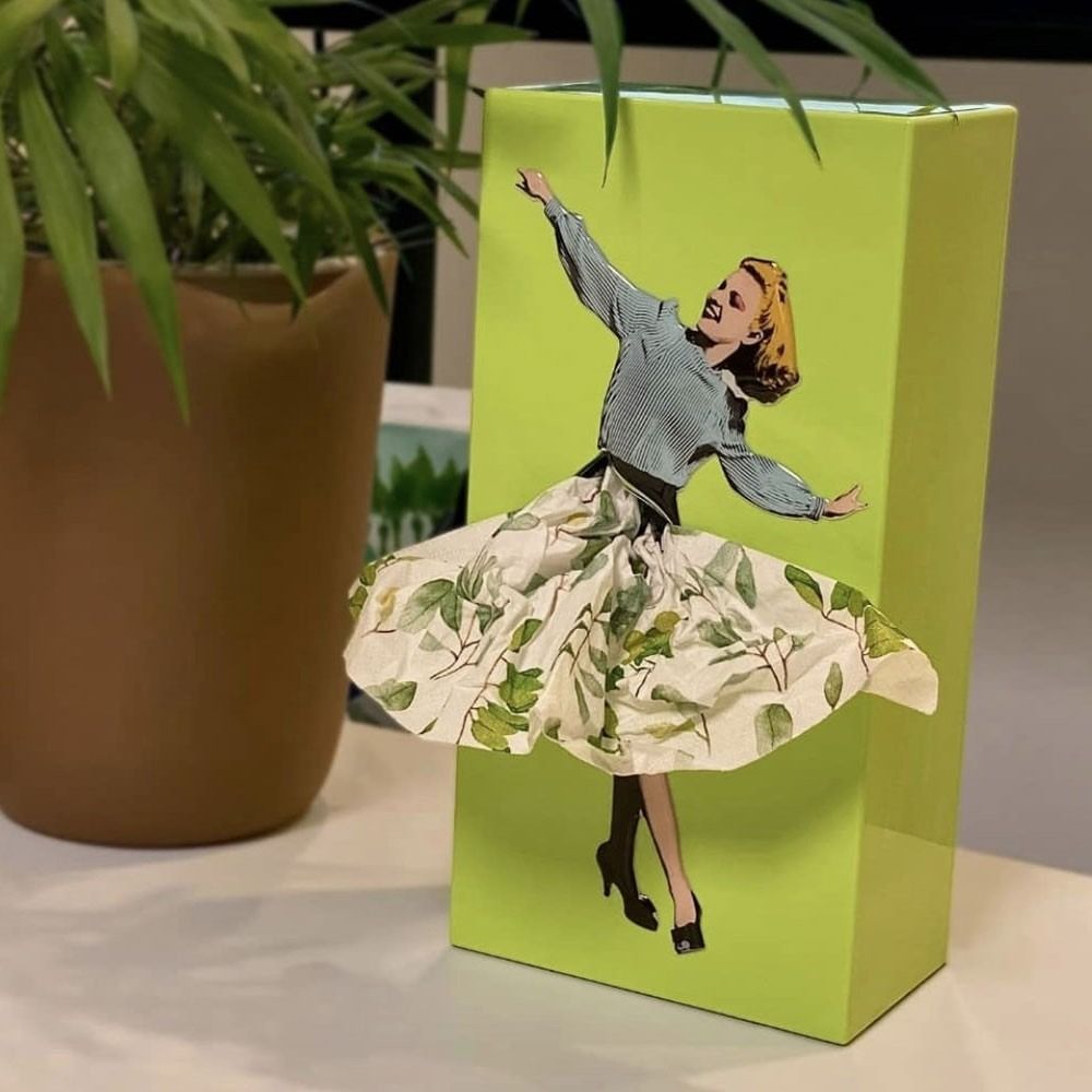 Tissue Box Cover with Moving Skirt and Weighted Base for Standard Boxes