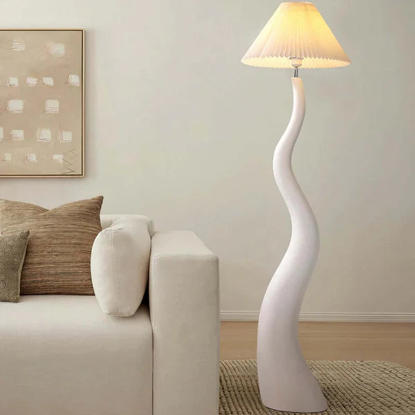 LumiNest Sculptural Spiral Floor Lamp 65" White Resin with Pleated Shade, Living Room Floor Lamps