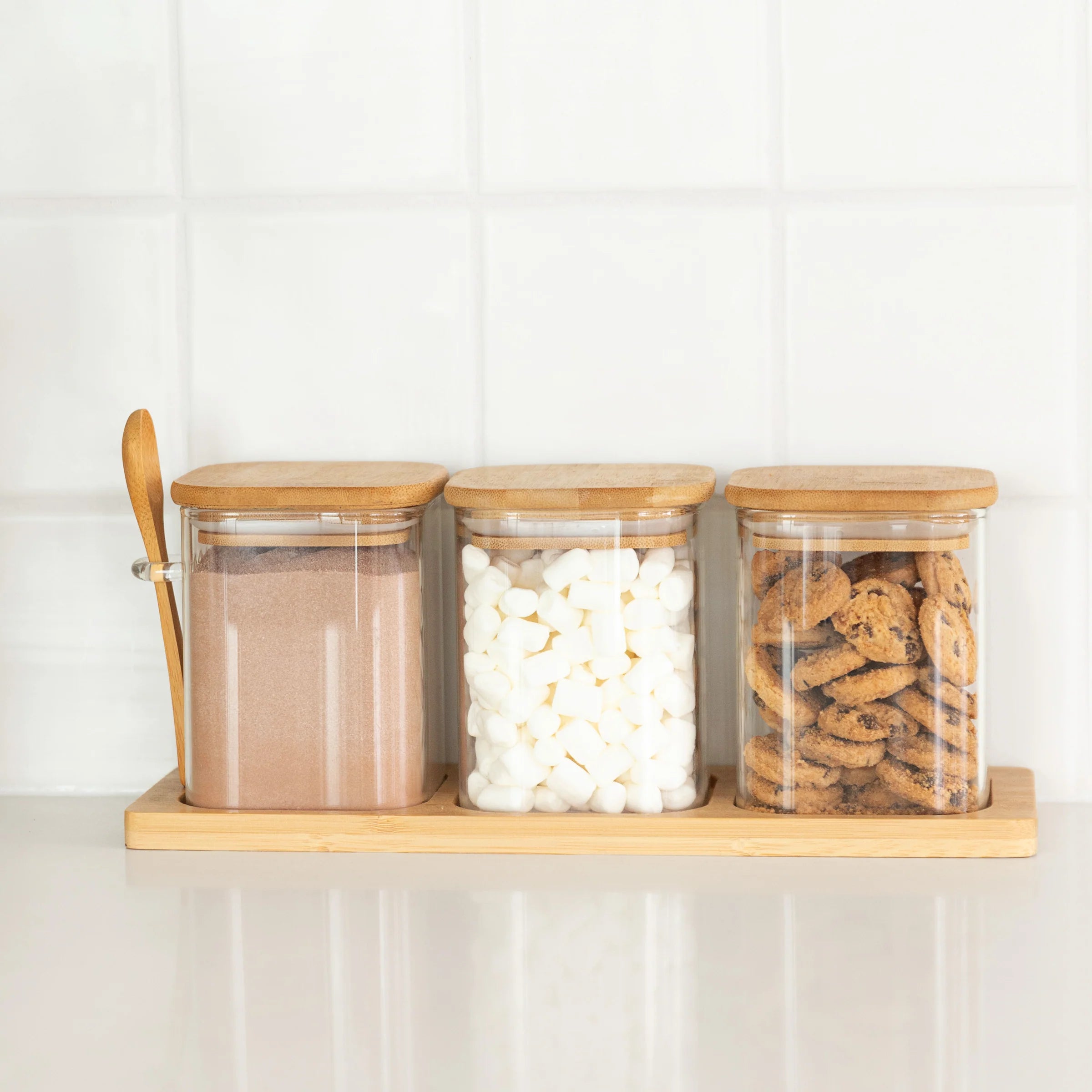 Modern Bamboo Glass Storage Jar Set 3-Piece with Tray & Spoon 17 oz Each, Kitchen Accessories