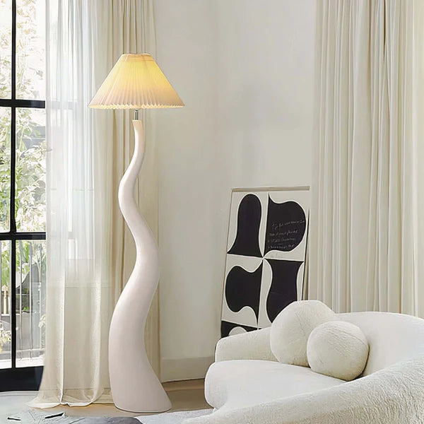 LumiNest Sculptural Spiral Floor Lamp 65" White Resin with Pleated Shade, Living Room Floor Lamps