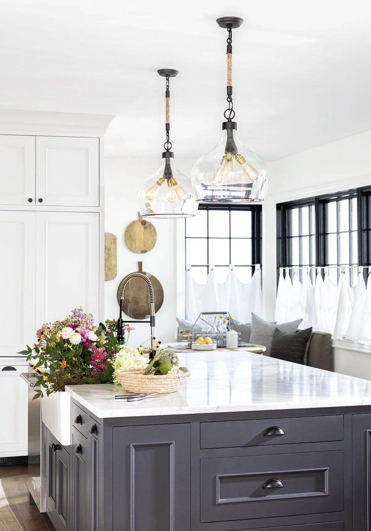 HarborGlow Clear Glass Rope Pendant Light 3-Light E26, Rustic Kitchen Island Living Room Ceiling Lights