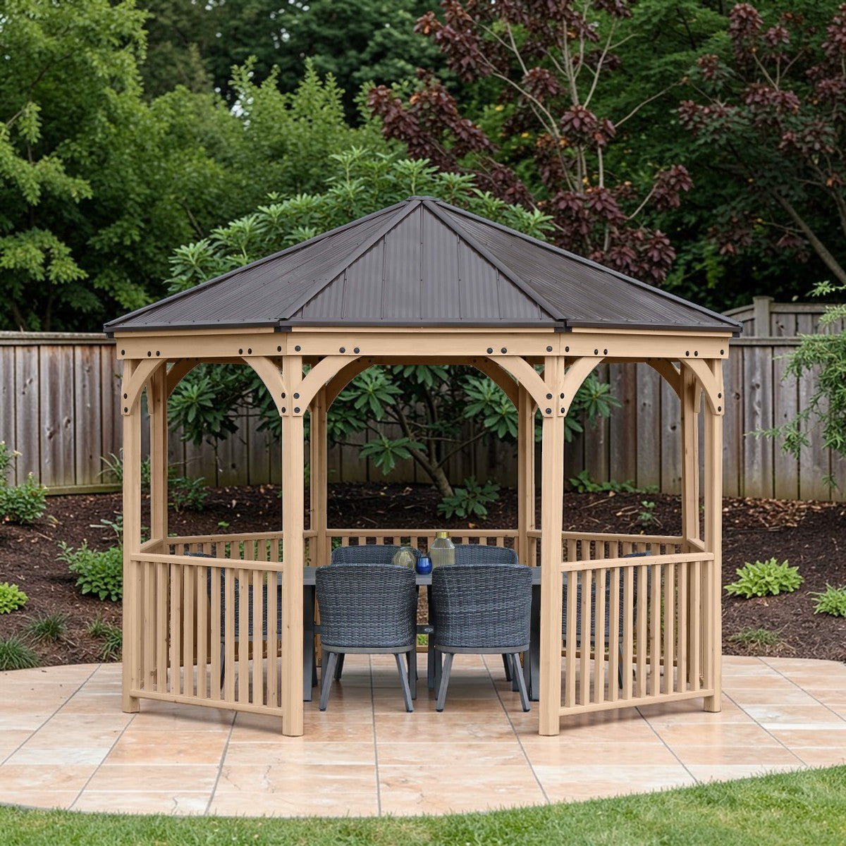 Classic Retreat 12 ft Cedar Octagon Gazebo with Aluminum Roof Natural Wood Finish, Outdoor Pavilion