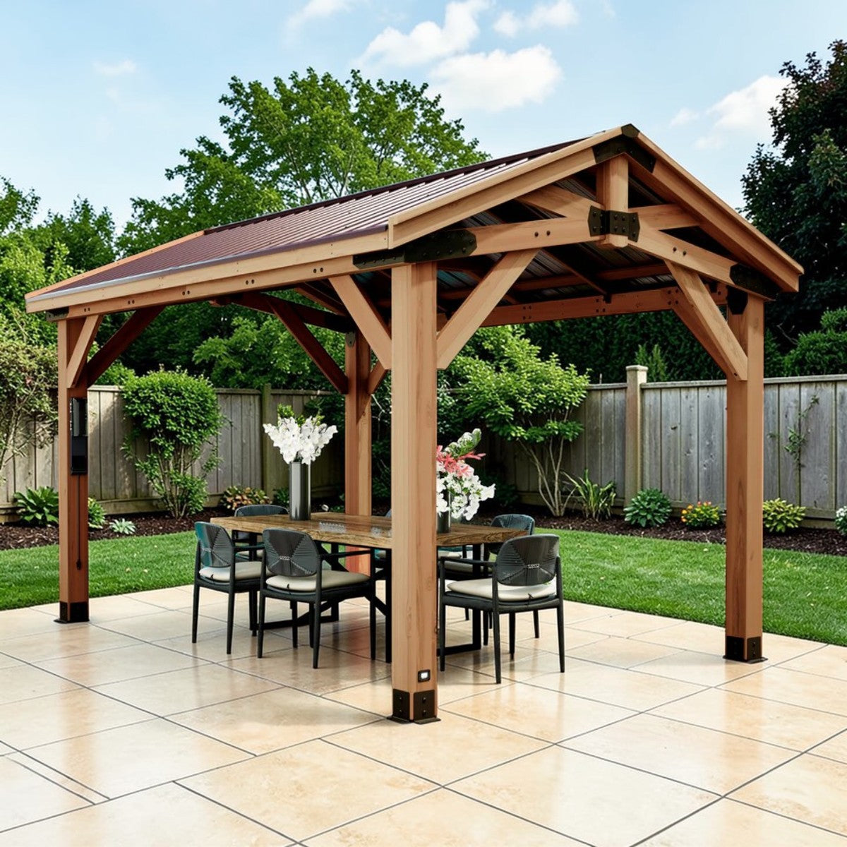 Outdoor Haven 14x10 Cedar Gazebo with Steel Roof Light Brown & Black Accents, Patio Pavilion