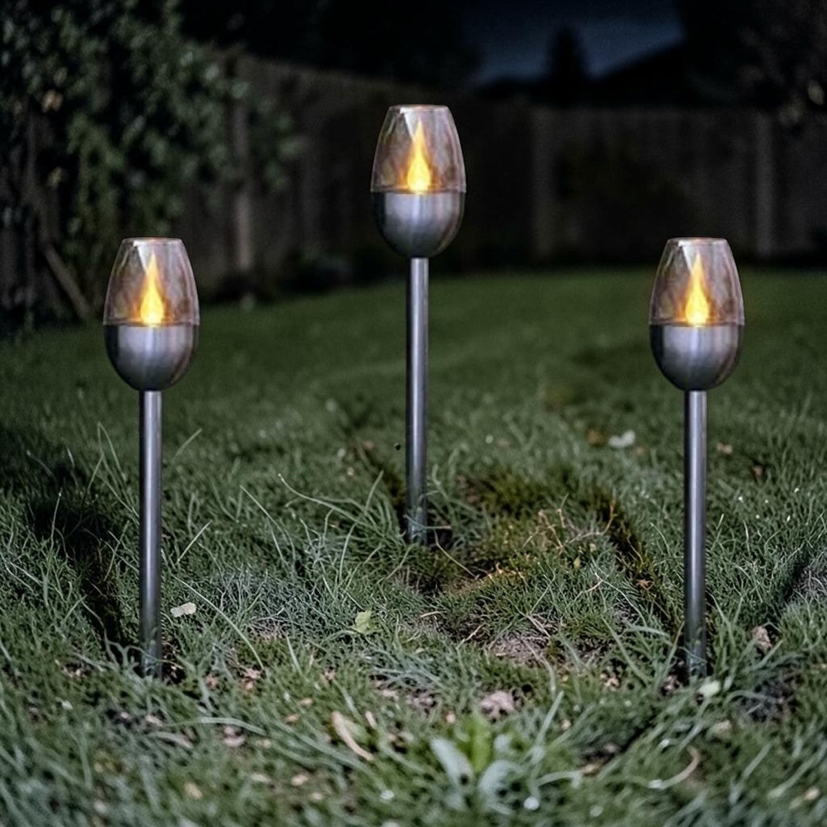 EmberGlow Solar Flame Torch Stake Lights 12" Stainless Steel 4-Pack, Outdoor Garden Lighting