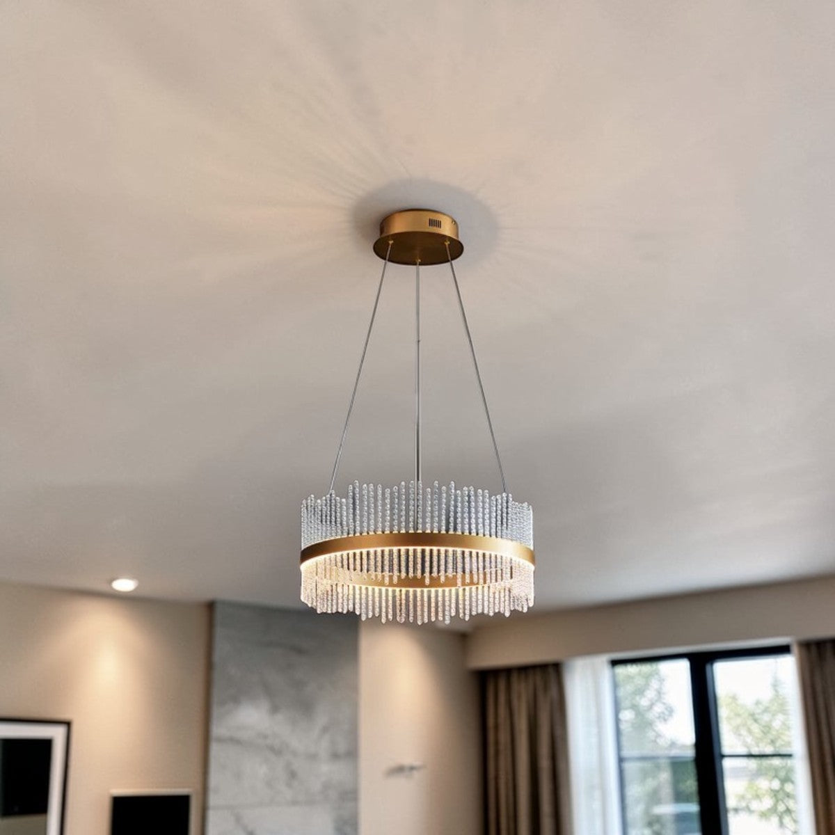 Aurora Luxe Crystal Ring LED Chandelier 35" Gold Finish, Modern Dimmable Pendant Light