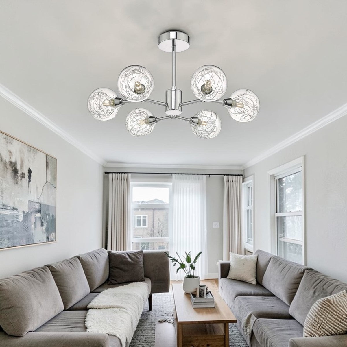 Nova Orbit 6-Light Modern Sputnik Ceiling Fixture, Chrome Glass Globe Chandelier