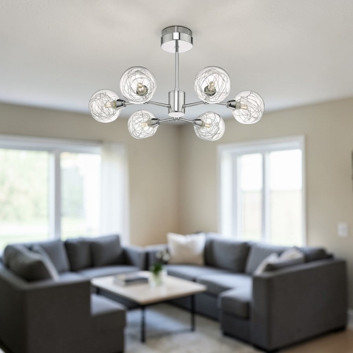 Nova Orbit 6-Light Modern Sputnik Ceiling Fixture, Chrome Glass Globe Chandelier